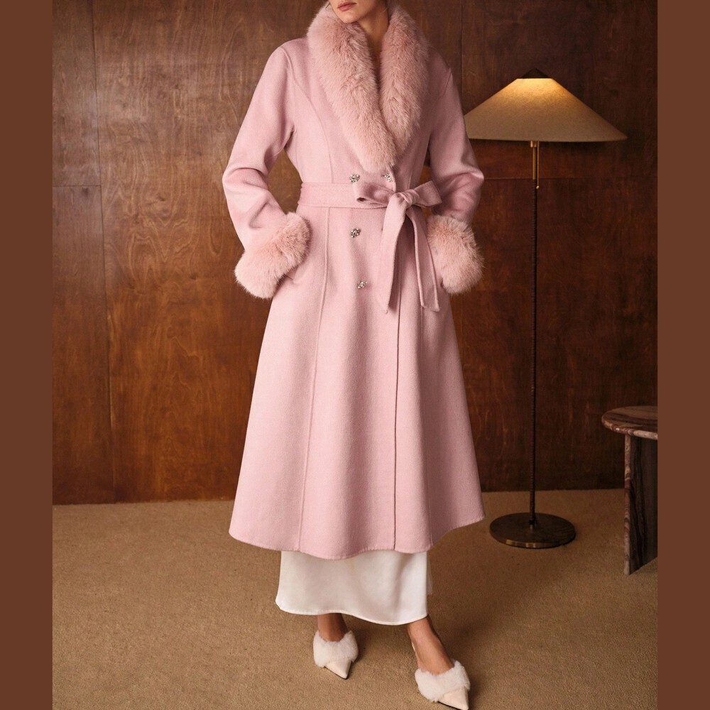 Pink Faux Fur Trim Belted Shawl Collar Wool Midi Coat